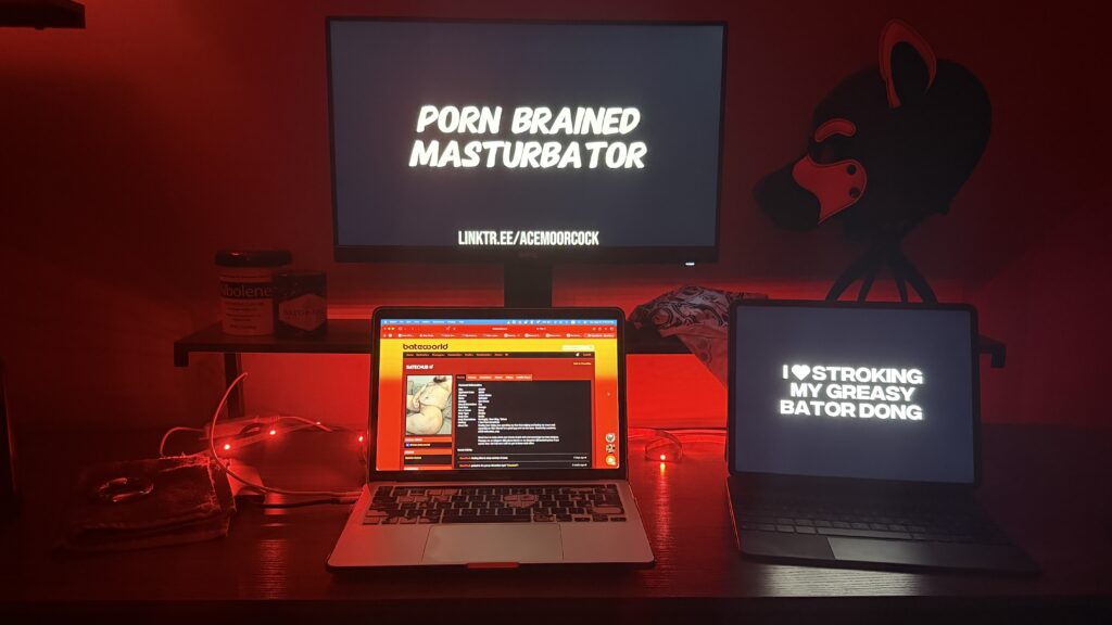 PIcture of a bate station with a laptop, iPad, and external monitor. Two screens show the opening title cards from Ace Moorcock videos and the laptop shows a BateWorld profile